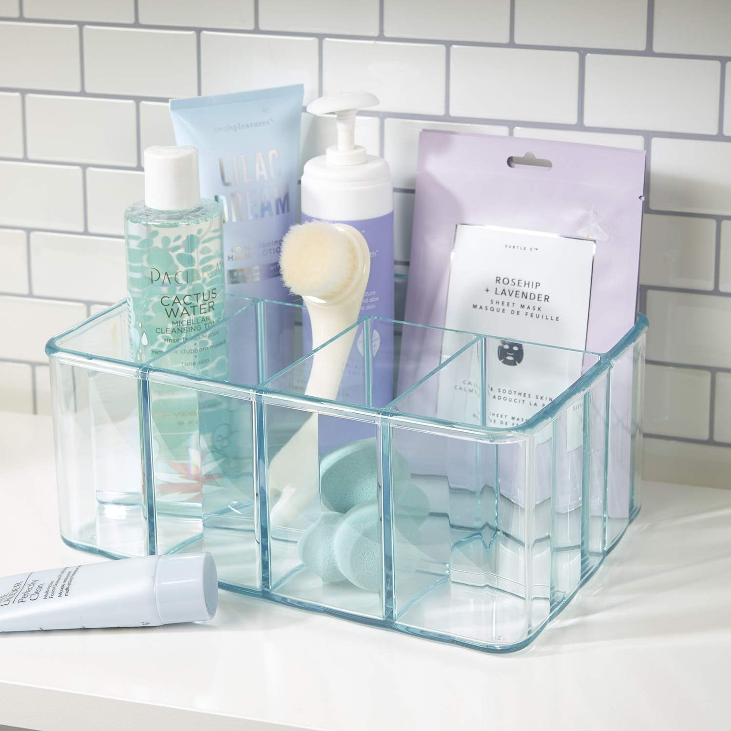Plastic Vanity Organizer | 5-Compartments | Storage Bin for Makeup Brushes, Palettes, and Beauty Supplies | Keep Bath Products Organized on a Counter or under the Sink | Ocean Mist