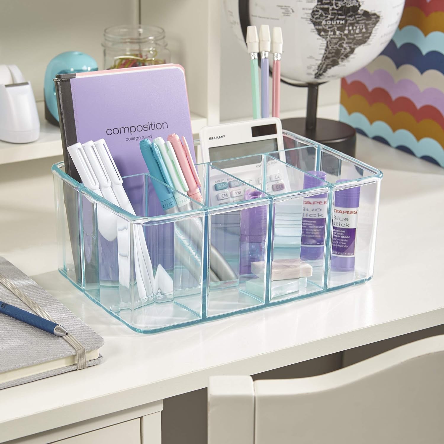 Plastic Vanity Organizer | 5-Compartments | Storage Bin for Makeup Brushes, Palettes, and Beauty Supplies | Keep Bath Products Organized on a Counter or under the Sink | Ocean Mist